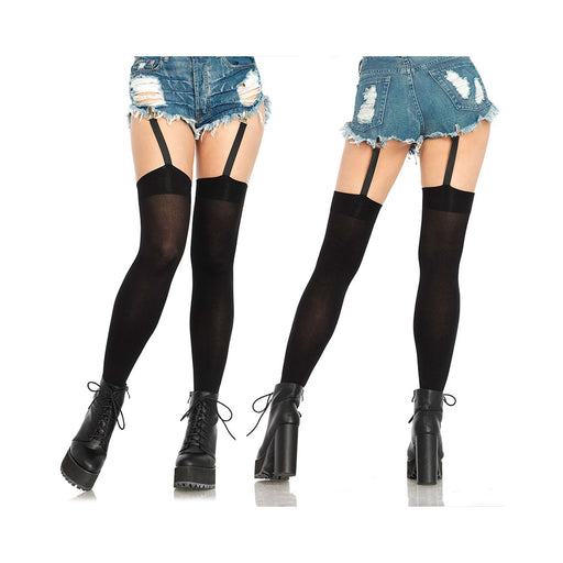 Opaque Thigh Highs Attached Clip Garter O/S Black | SexToy.com