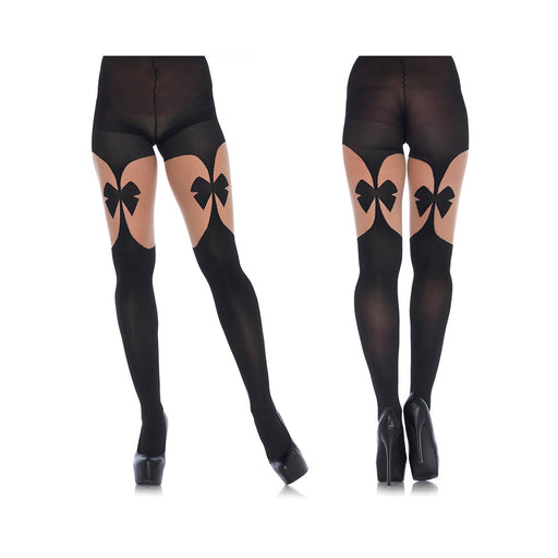 Opaque Illusion Garterbelt Tights With Front & Back Bow O/s Black/nude | SexToy.com