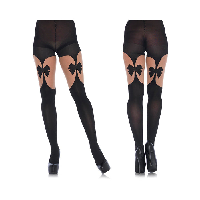 Opaque Illusion Garterbelt Tights With Front & Back Bow O/s Black/nude | SexToy.com