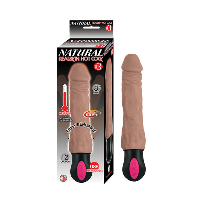 Natural Realskin Hot Cock #3 Fully Bendable 12 Function Usb Cord Included Waterproof Brown | SexToy.com