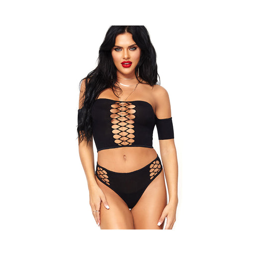 2 Piece Crop Top Net Detail and Thong Back Bottoms Black O/S | SexToy.com