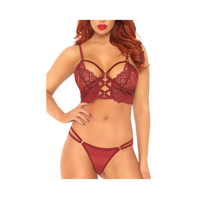 2pc Lace Bralette With Cage Strap O-ring Bodice Detail And Matching Duel Strap Sheer G-string | SexToy.com