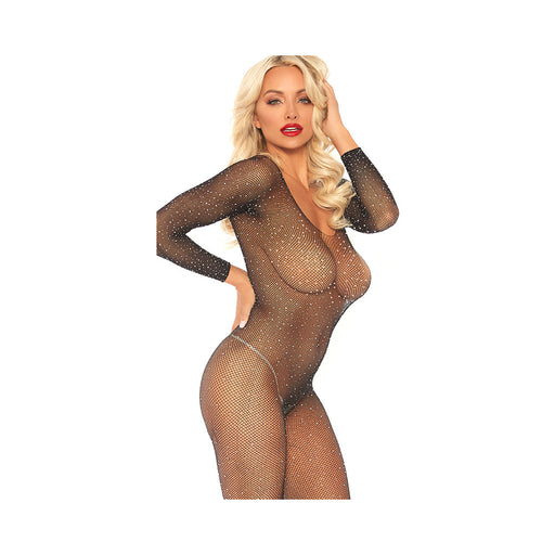 Crystalized Seamless Fishnet Long Sleeved Bodystocking. Black O/s | SexToy.com