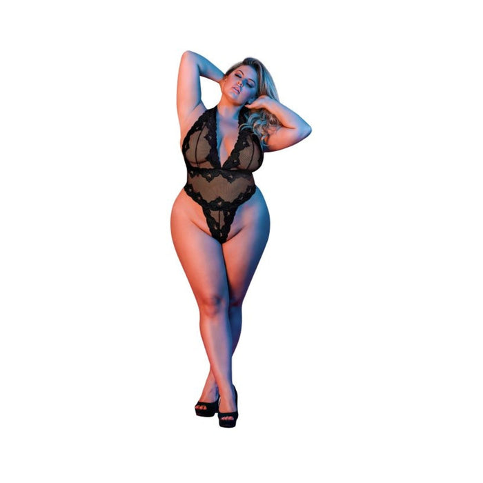 Magic Silk Sexy Time Deep Plunge Halter Teddy Black Queen Size | SexToy.com