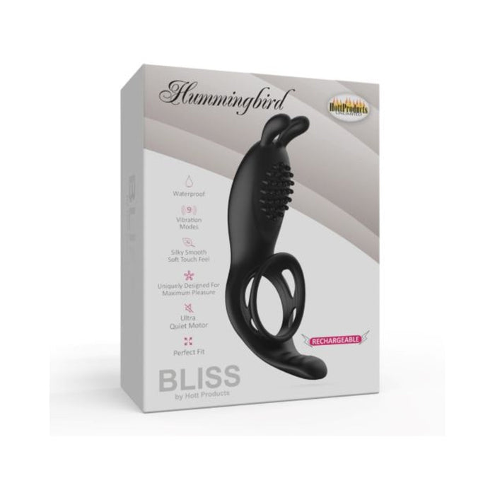 Bliss Humingbird Vibrating Cock Ring With Clit And Anal Stimulators Black | SexToy.com