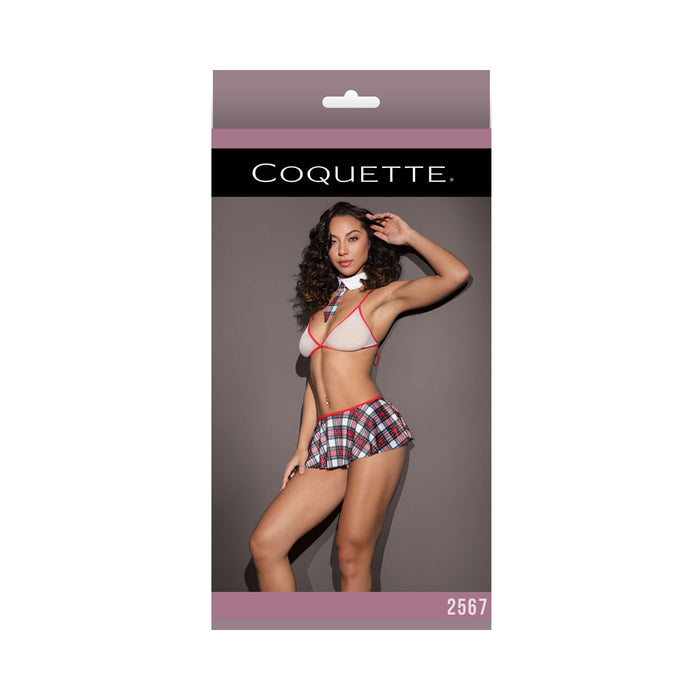 School Girl Fishnet Bralette W/ Plaid Knit Skirt & Collar White/red Os | SexToy.com