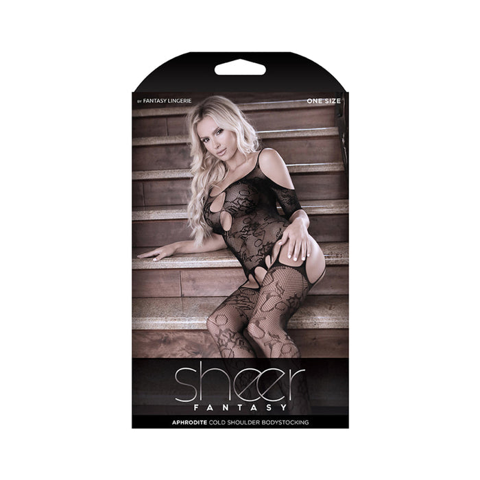 Sheer Aphrodite Floral Net Cold Shoulder Gartered Bodystocking With Cutout Sleeves One Size | SexToy.com