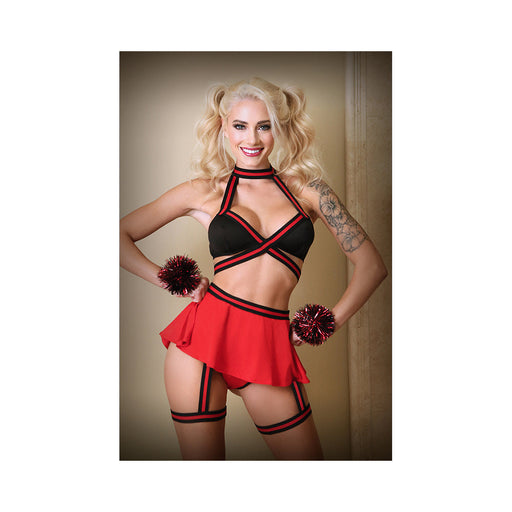 Bralette, Skirt Panty, With Detachable Leg Garter And Pom Pom Wristlets S/m Black And Red | SexToy.com