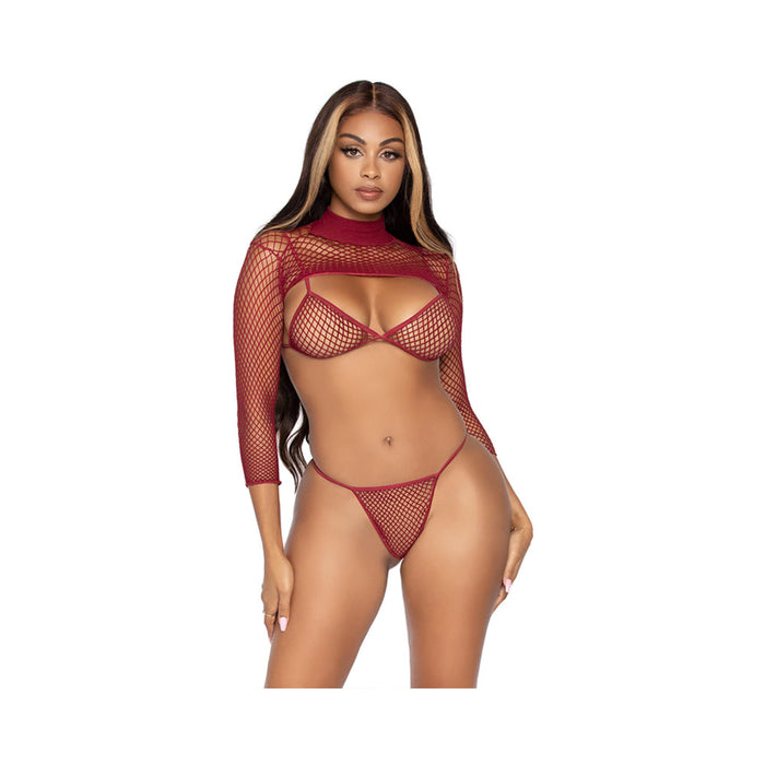 Industrial Net Bikini Top. G-string, Long Sleeve Burgundy Os | SexToy.com