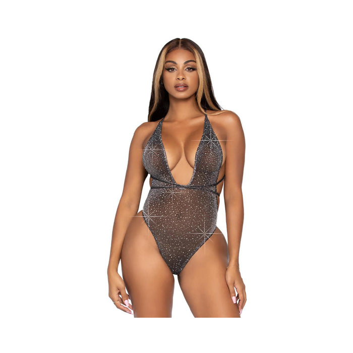 Shimmer Sheer Lunex Rhinestone Teddy, Thong Wrap Around Straps Black Os | SexToy.com
