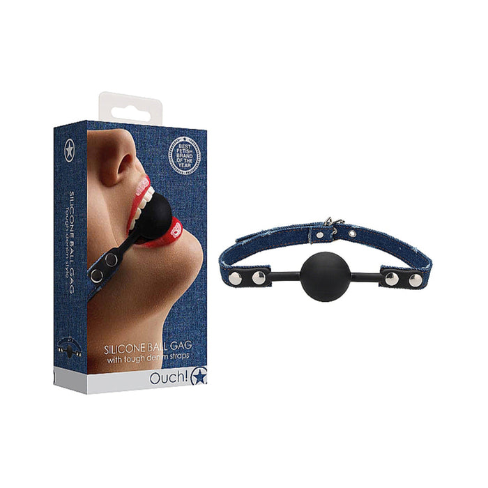 Ouch! Silicone Ball Gag - With Roughened Denim Straps - Blue | SexToy.com