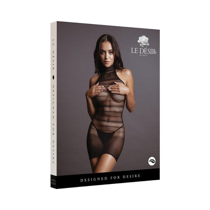 Shots Le Desir High Lace Neck Net Mini Dress Os Black | SexToy.com