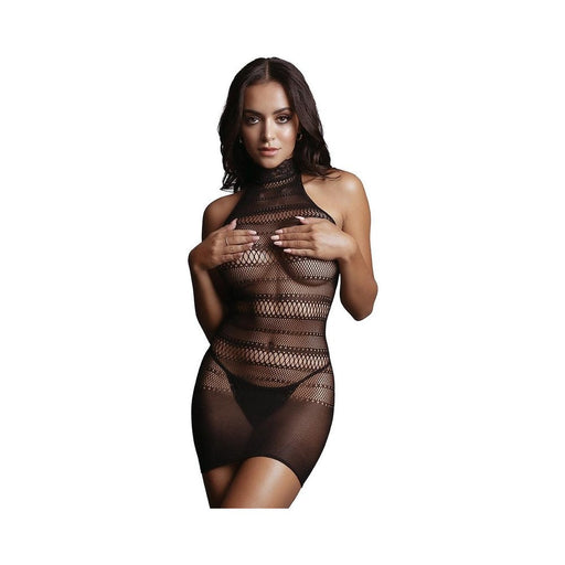 Shots Le Desir High Lace Neck Net Mini Dress Os Black | SexToy.com