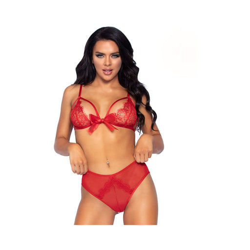 2pc Eyelash Lace Strappy Bralette With Front Closure Ribbon Detail And Matching Ribbon Tie Crotchles | SexToy.com