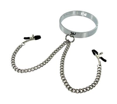 Chrome Slave Collar With Nipple Clamps S/M