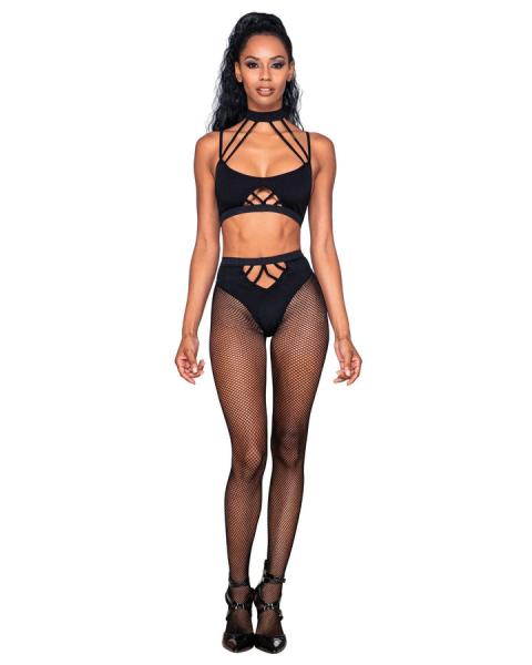 Strappy Bralette & Pantyhose 2pc Black O/s