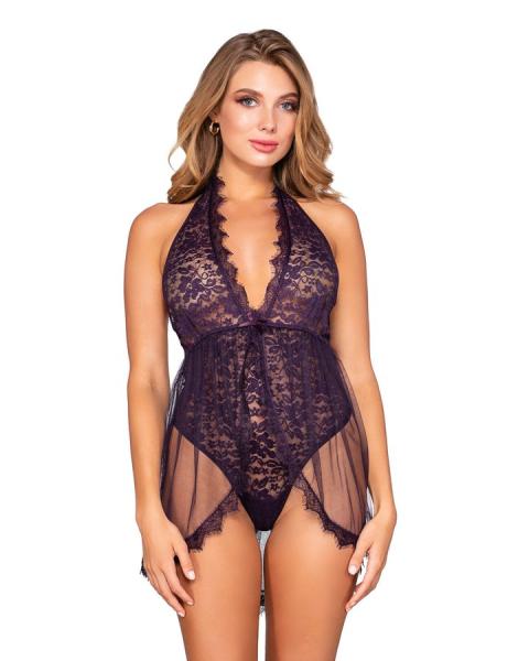 Halter Plunge Front Stretch Lace Teddy Eggplant O/s