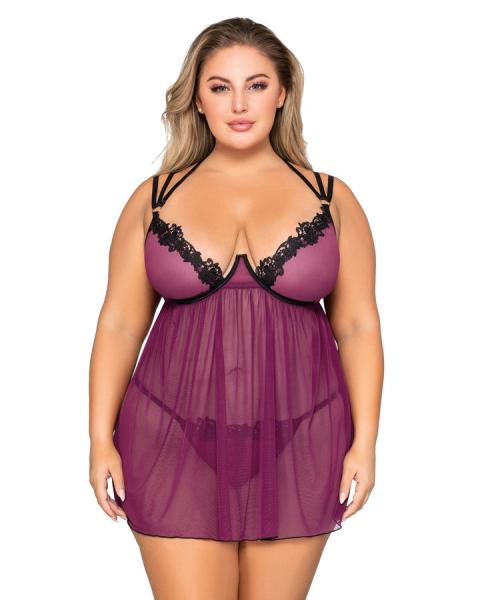 Stretch Mesh Babydoll W/ Contrast Lace Mulberry Q/s