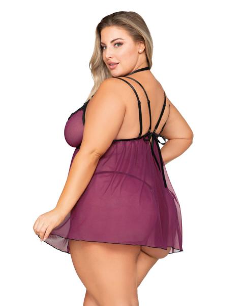 Stretch Mesh Babydoll W/ Contrast Lace Mulberry Q/s