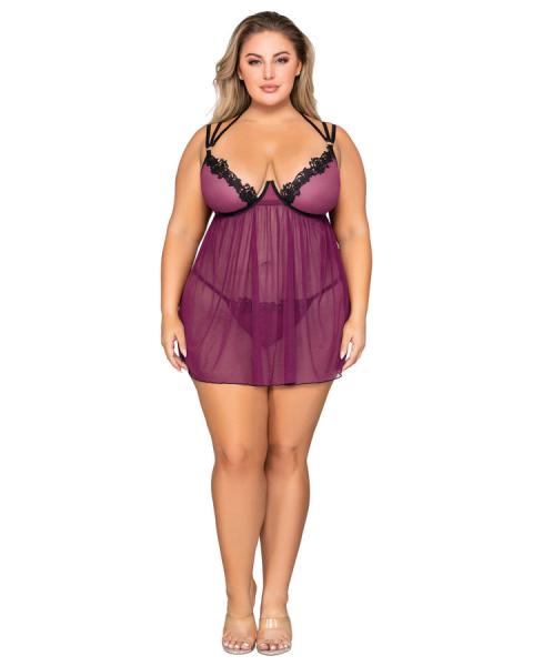 Stretch Mesh Babydoll W/ Contrast Lace Mulberry Q/s