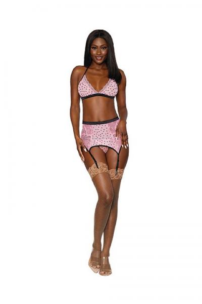 Flocked Heart Stretch Lace 3pc Set Candy Pink O/s