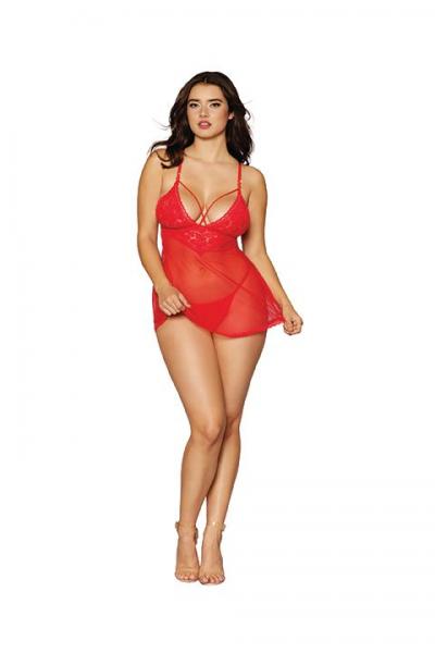 Lace & Mesh Babydoll & G- String Set Lipstick Red O/s