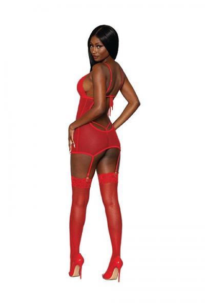 Lace & Mesh Garter Slip & G- String Set Lipstick Red O/s