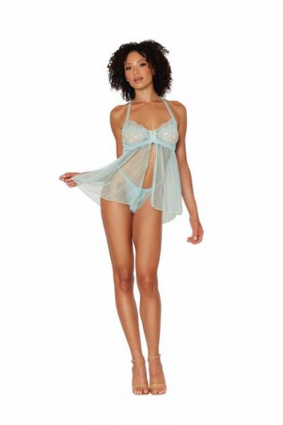 Stretch Lace Babydoll Set W/ Ruffle Trim Mint O/s