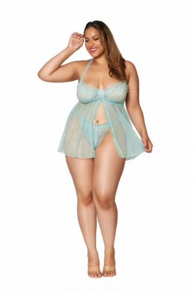 Stretch Lace Babydoll Set W/ Ruffle Trim Mint Q/s