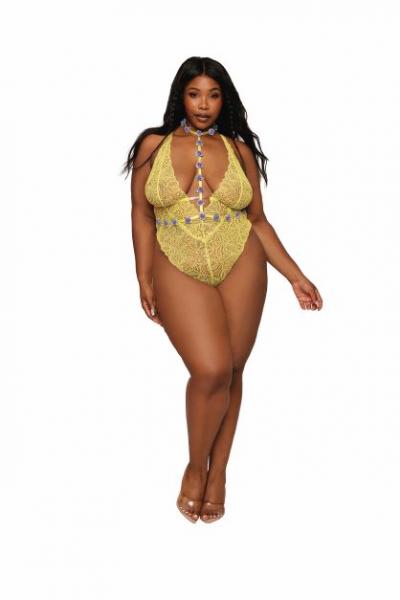 Stretch Lace Teddy & Organza Rosette Harness Set Citrus Q/s