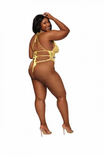 Stretch Lace Teddy & Organza Rosette Harness Set Citrus Q/s
