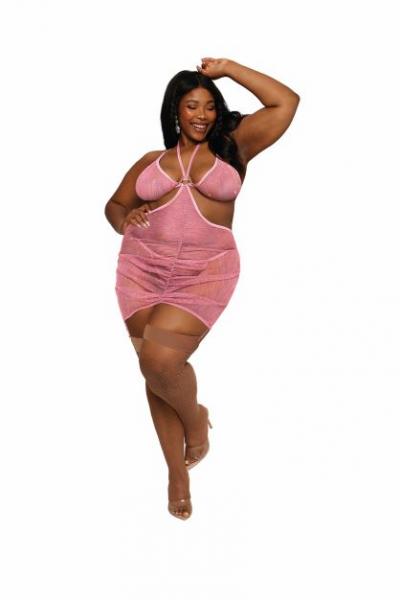 Iridescent Lurex Mesh Garter Slip & G-string Set Milkshake Pink Q/s