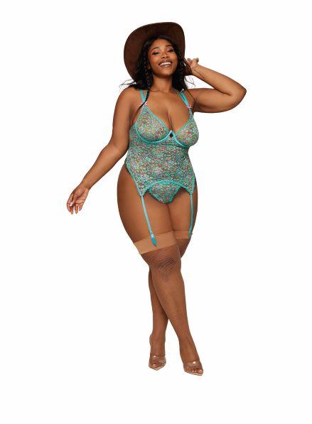 Ditsy Floral Printed Lace Bustier & G-string Set Ocean Q/s