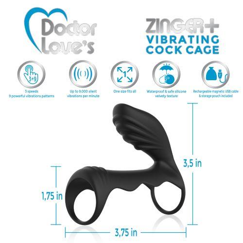 Doctor Love Zinger+ Vibrating Rechargeable Cock Cage Black | SexToy.com