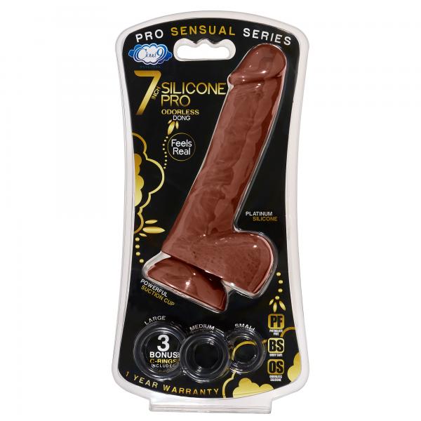 Pro Sensual Premium Silicone Dong with 3 C Rings Brown 7 inches | SexToy.com