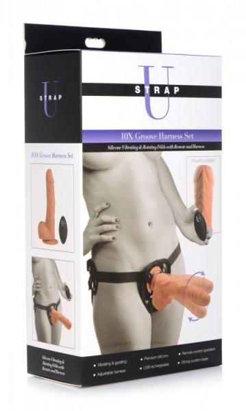 Strap U 10x Groove Silicone Vibrating & Rotating Dildo W/ Remote & Harness | SexToy.com