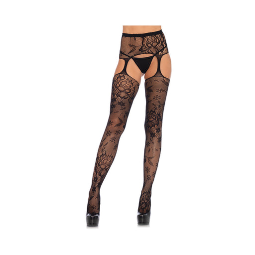 Floral Lace Stockings With Attached High Waist Garter Belt O/s Black | SexToy.com