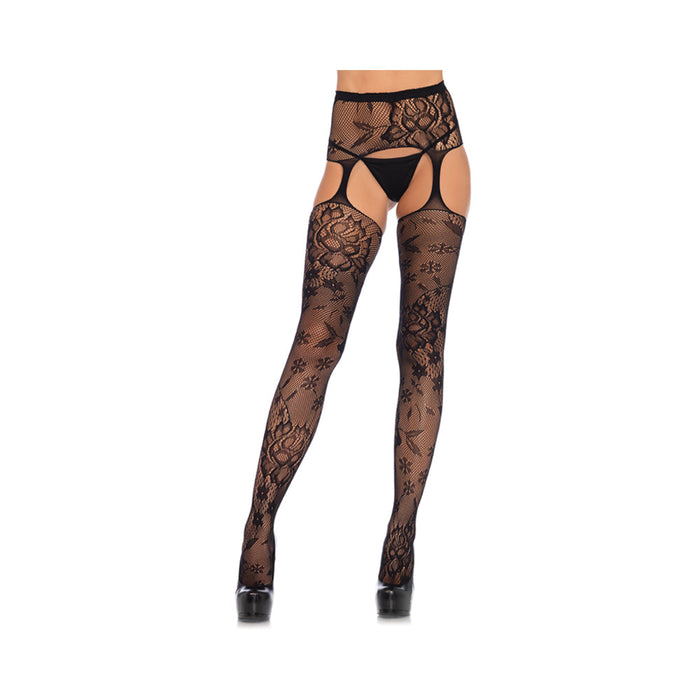 Floral Lace Stockings With Attached High Waist Garter Belt O/s Black | SexToy.com
