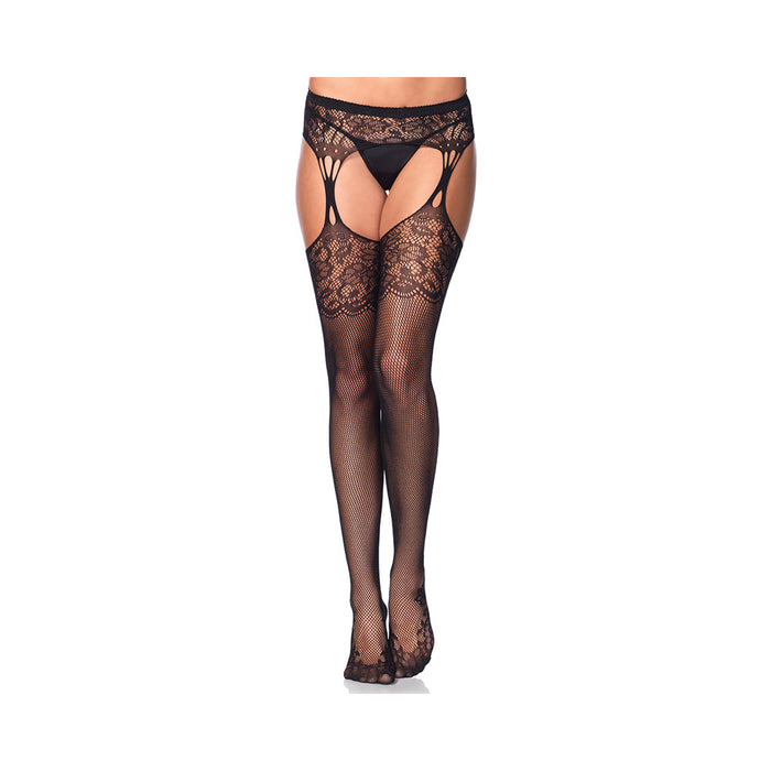 Lace Top Fishnet Stocking Cuban Heel & Tear Drop Garterbelt O/S Black | SexToy.com