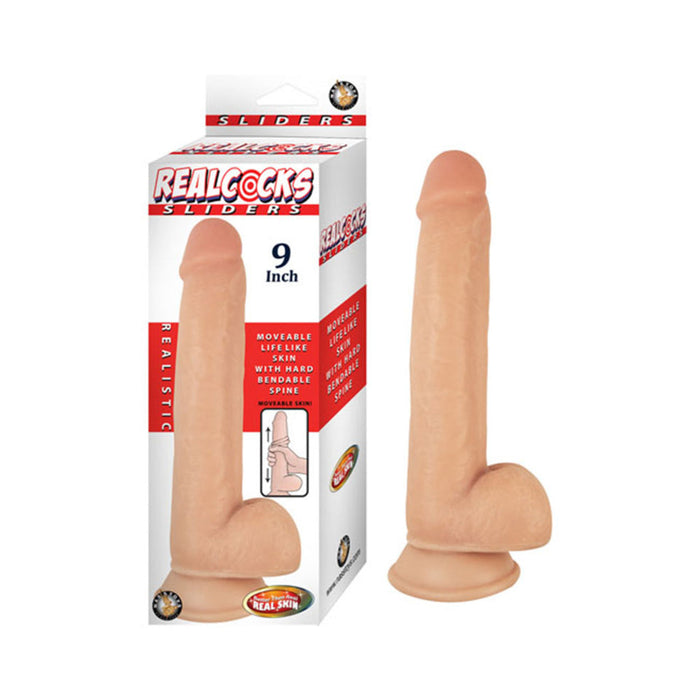 Realcocks Sliders 9in Moveable Skin Bendable Harness Compatible Suction Cup Base Flesh | SexToy.com